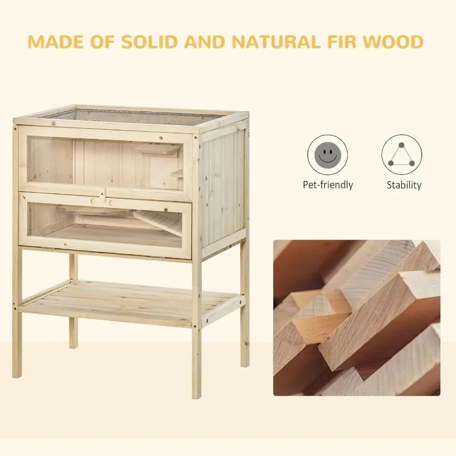 3-Tier Wooden Small Animals Hutch with Openable Top Front Door Storage Shelf Natural Wood