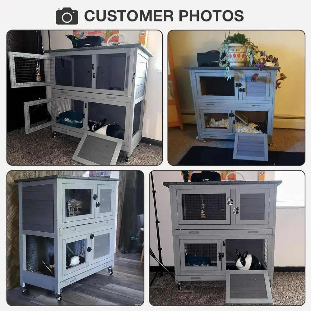 Indoor Rabbit Hutch with 4 Wheels, 2 Shelves & 2 Tray