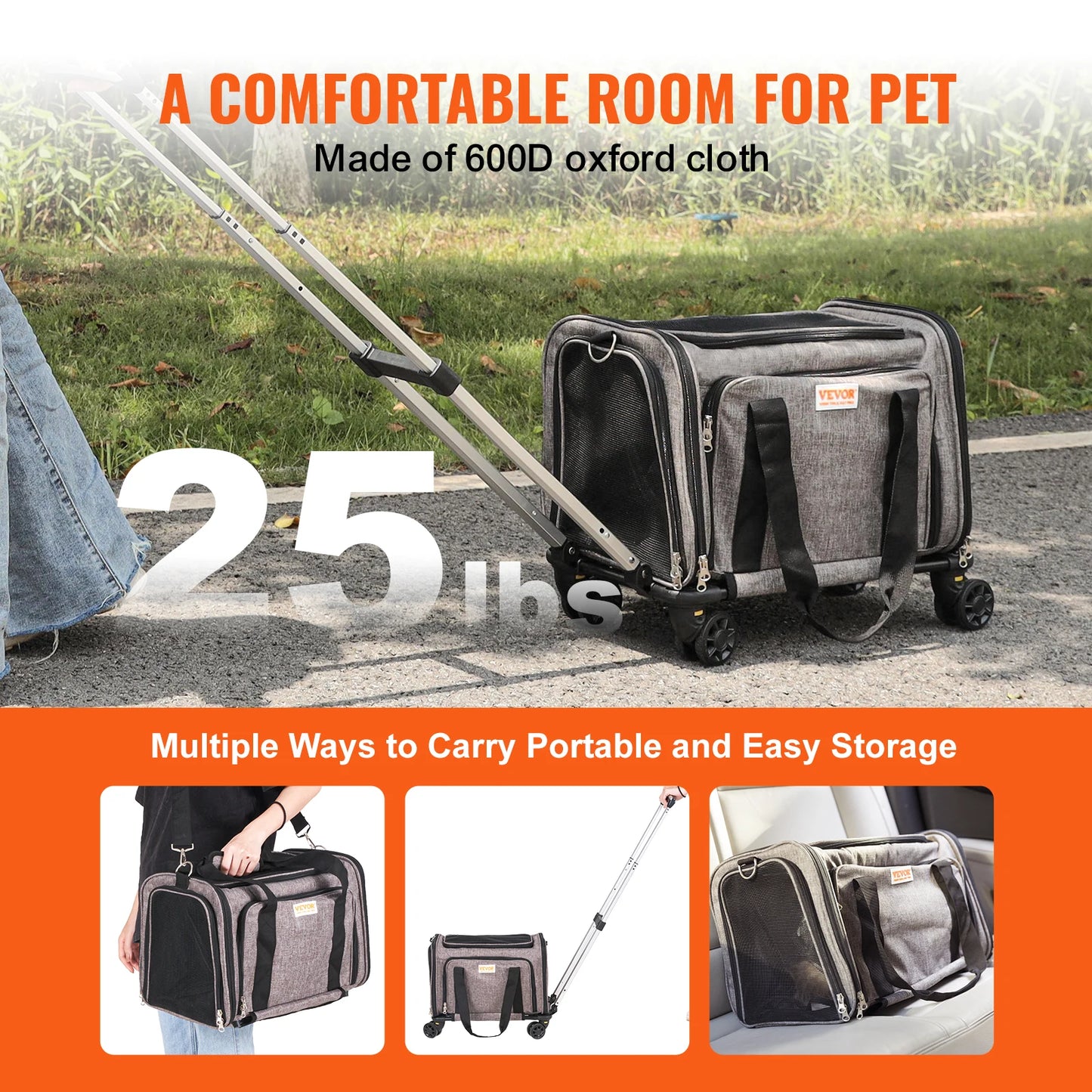 Pet Carrier Backpack with Telescopic Handle Wheels and Shoulder Strap for Travel Trip