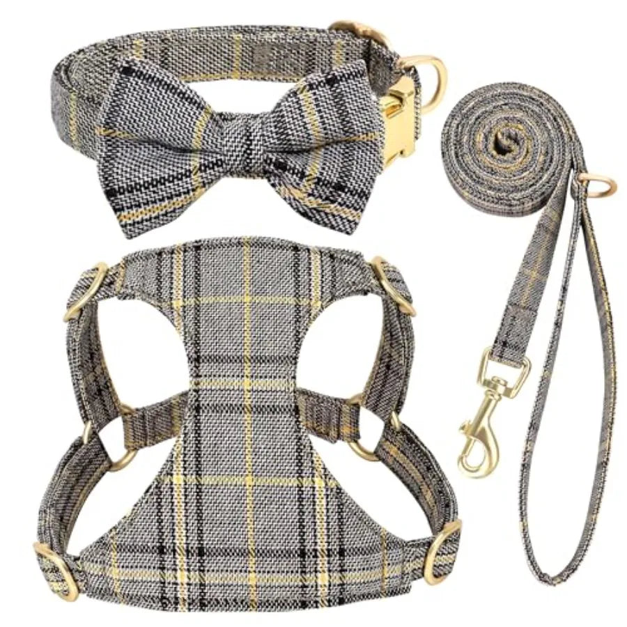 Extra Small Dog Harness Collar and Leash Set with Bowtie