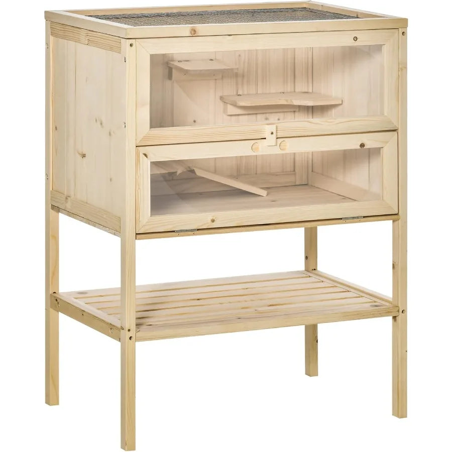 3-Tier Wooden Small Animals Hutch with Openable Top Front Door Storage Shelf Natural Wood