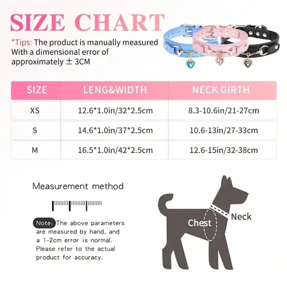 Bougie Leather Dog Collar With Heart-Shaped Crystal Pendant,  For Small Dogs, Cats