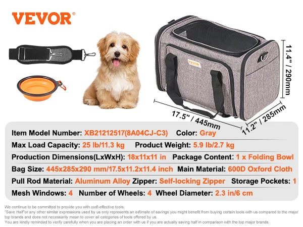 Pet Carrier Backpack with Telescopic Handle Wheels and Shoulder Strap for Travel Trip
