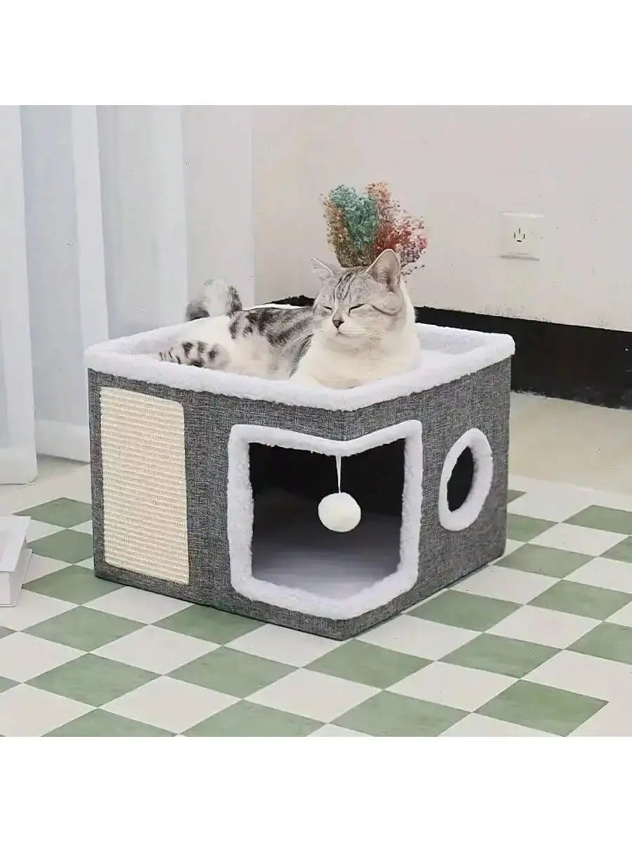 Cat House:  Play Cube, Toy Tunnel, Scratching Board,  Non-Slip Base