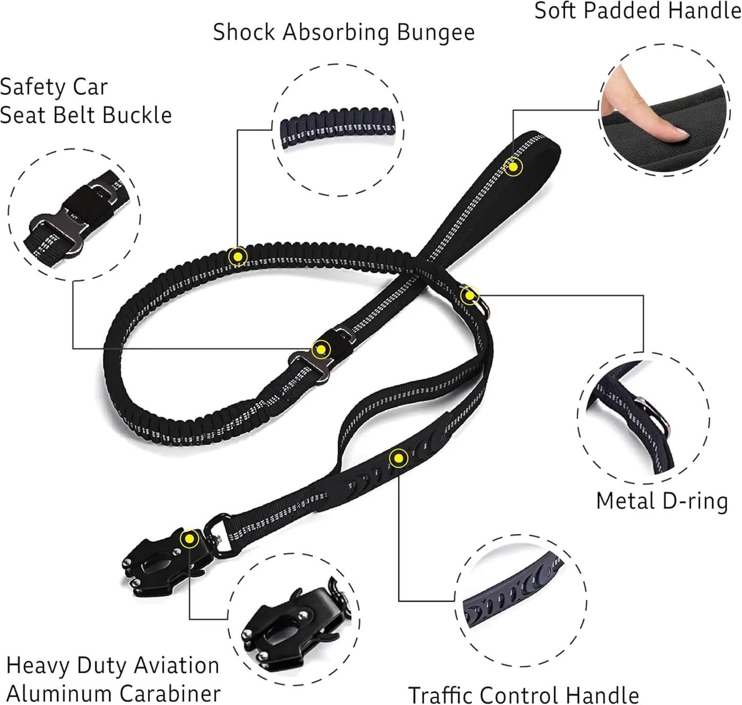 Reflective Shock Absorbing Pet Leash with Car Seatbelt