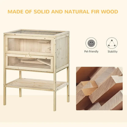 3-Tier Wooden Small Animals Hutch with Openable Top Front Door Storage Shelf Natural Wood