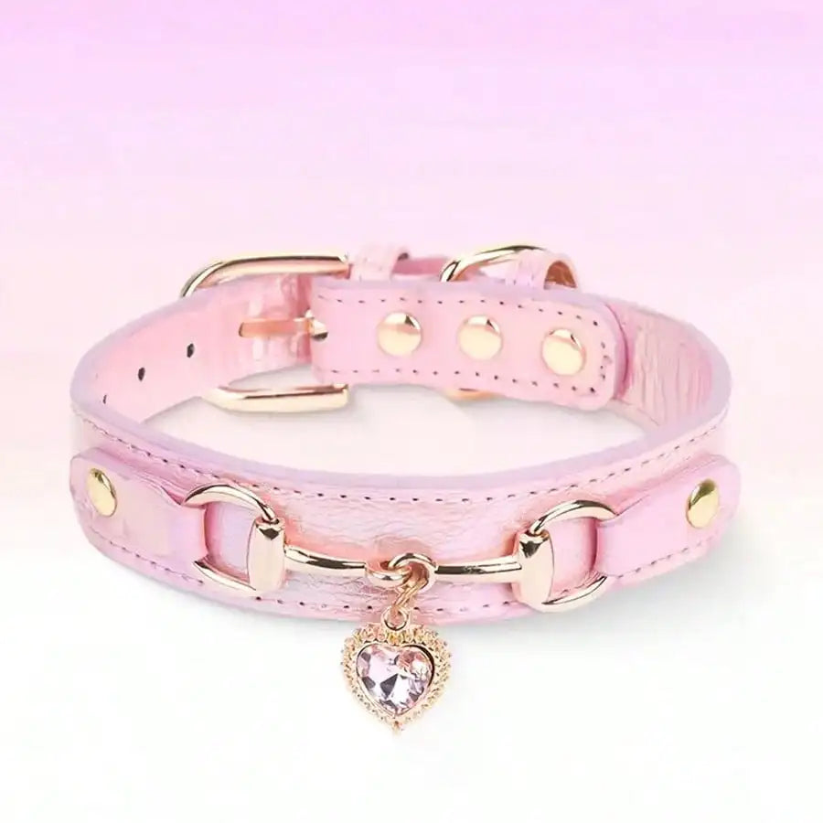 Bougie Leather Dog Collar With Heart-Shaped Crystal Pendant,  For Small Dogs, Cats