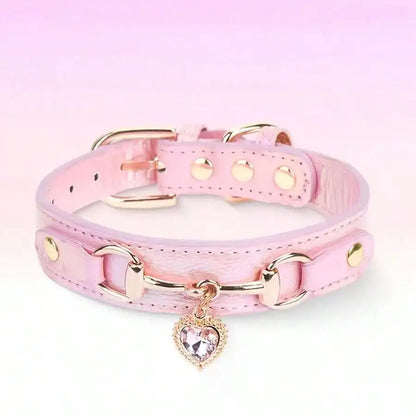 Bougie Leather Dog Collar With Heart-Shaped Crystal Pendant,  For Small Dogs, Cats