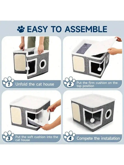 Cat House:  Play Cube, Toy Tunnel, Scratching Board,  Non-Slip Base
