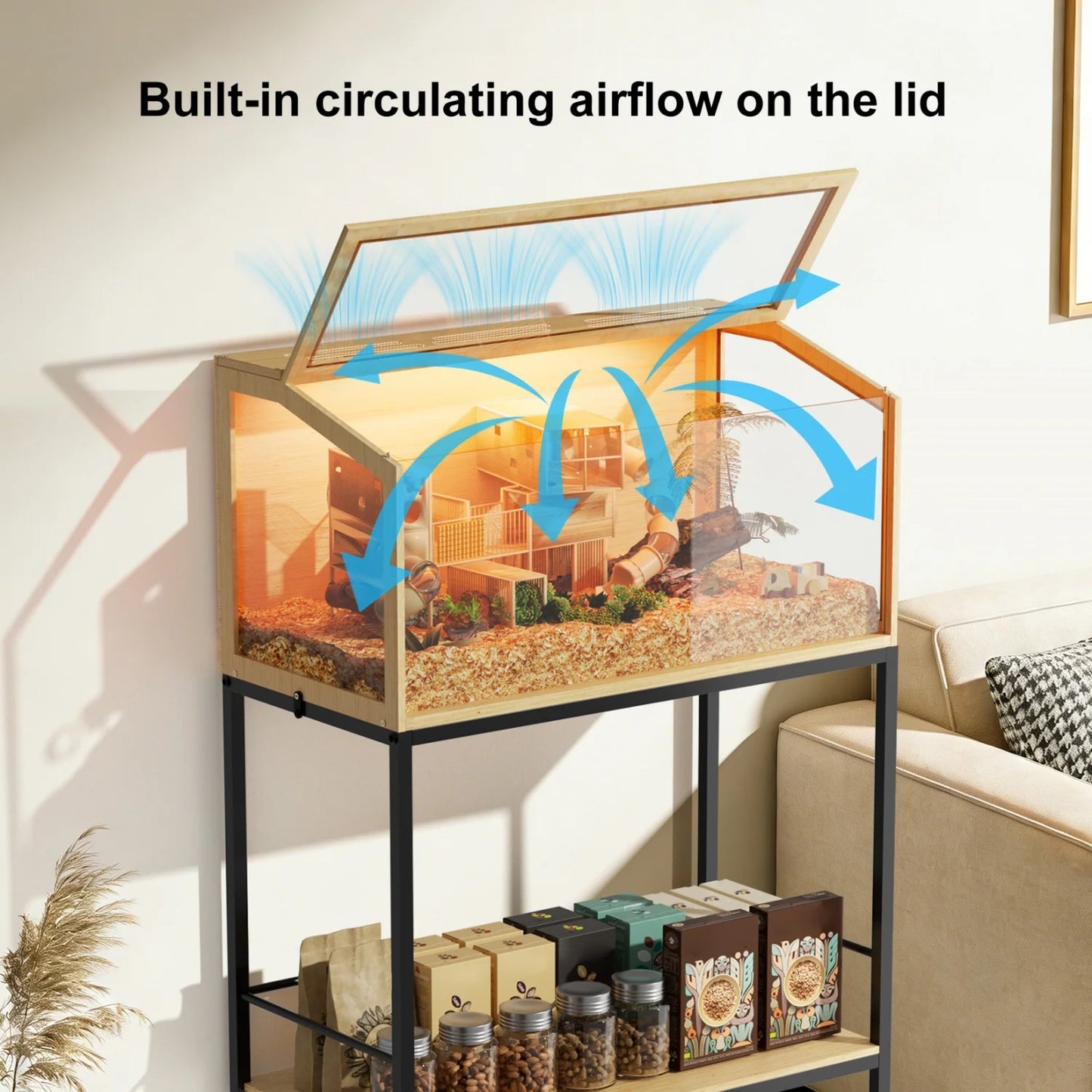 80x39x116cm Wooden Cage Built-in LED Light with Storage Shelf
