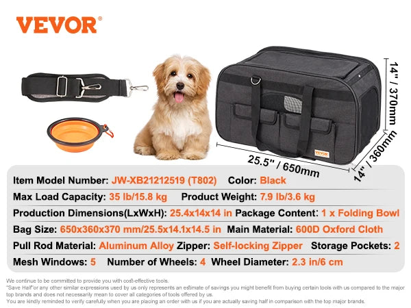Pet Carrier Backpack with Telescopic Handle Wheels and Shoulder Strap for Travel Trip