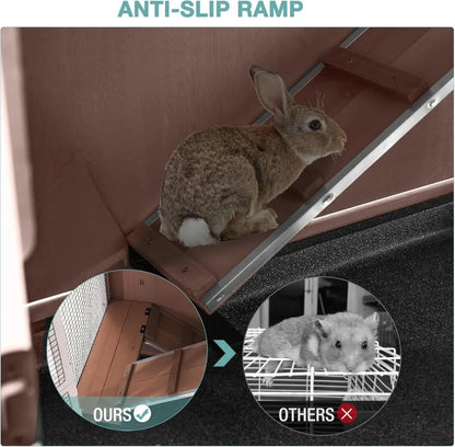 Rabbit Hutch with Sliding Plastic Trays, Wheels & Ramp, Multi-Door Wooden Small Animal Cage