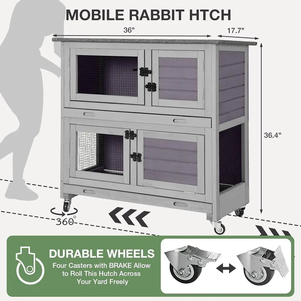 Indoor Rabbit Hutch with 4 Wheels, 2 Shelves & 2 Tray