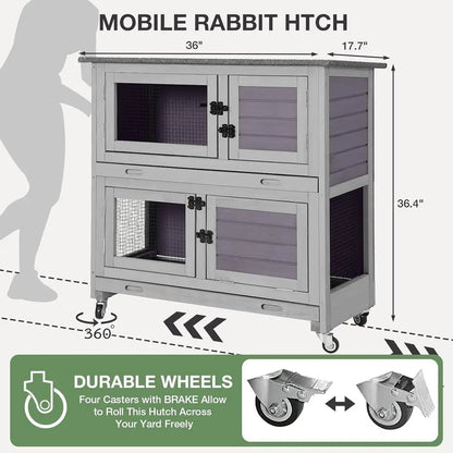 Indoor Rabbit Hutch with 4 Wheels, 2 Shelves & 2 Tray