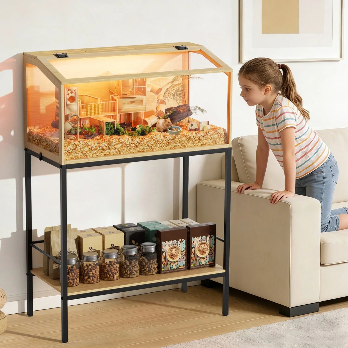 80x39x116cm Wooden Cage Built-in LED Light with Storage Shelf