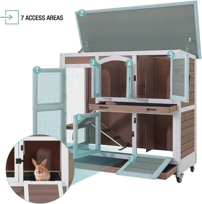 Rabbit Hutch with Sliding Plastic Trays, Wheels & Ramp, Multi-Door Wooden Small Animal Cage