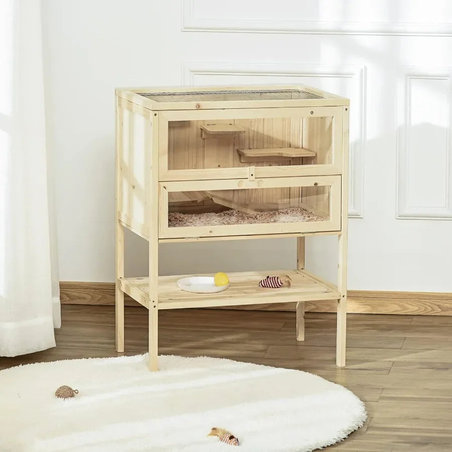 3-Tier Wooden Small Animals Hutch with Openable Top Front Door Storage Shelf Natural Wood