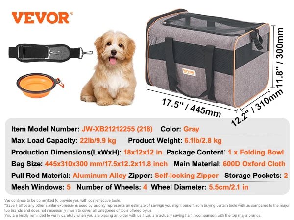 Pet Carrier Backpack with Telescopic Handle Wheels and Shoulder Strap for Travel Trip