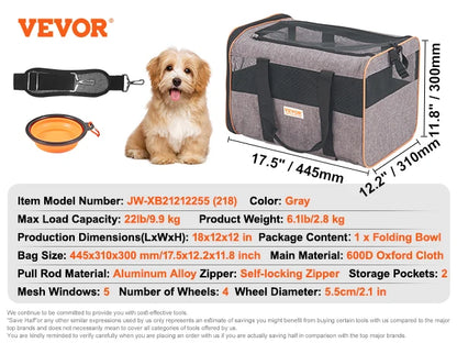 Pet Carrier Backpack with Telescopic Handle Wheels and Shoulder Strap for Travel Trip