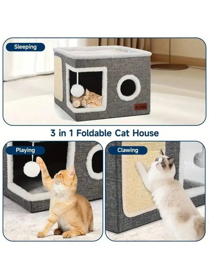 Cat House:  Play Cube, Toy Tunnel, Scratching Board,  Non-Slip Base