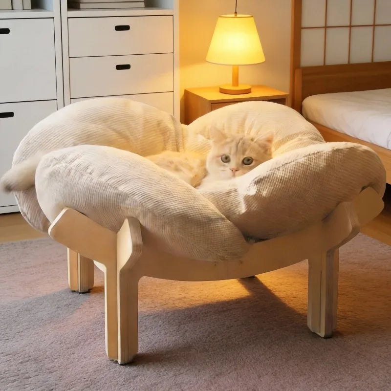 Wooden High Leg Cat Bed with Soft Cushion