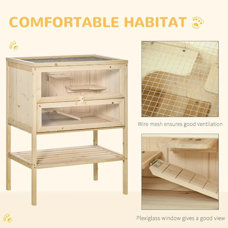 3-Tier Wooden Small Animals Hutch with Openable Top Front Door Storage Shelf Natural Wood