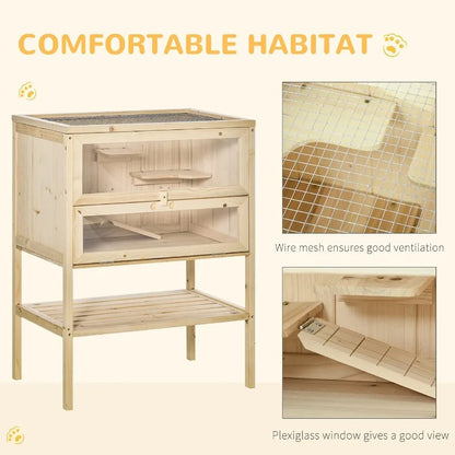 3-Tier Wooden Small Animals Hutch with Openable Top Front Door Storage Shelf Natural Wood