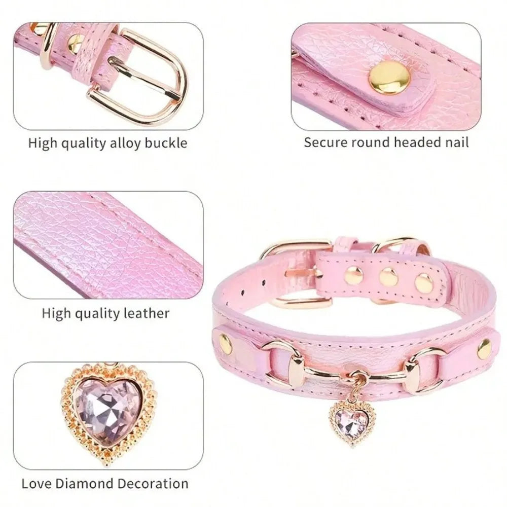 Bougie Leather Dog Collar With Heart-Shaped Crystal Pendant,  For Small Dogs, Cats