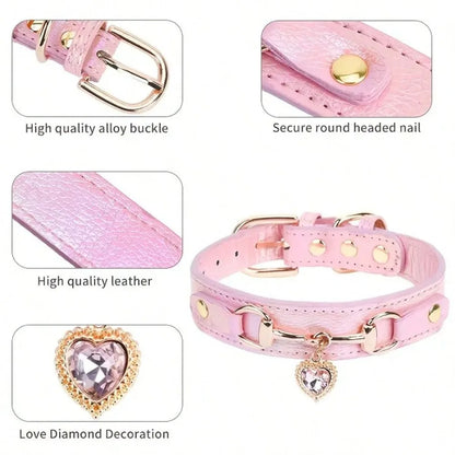 Bougie Leather Dog Collar With Heart-Shaped Crystal Pendant,  For Small Dogs, Cats