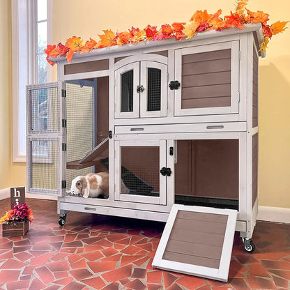 Rabbit Hutch with Sliding Plastic Trays, Wheels & Ramp, Multi-Door Wooden Small Animal Cage