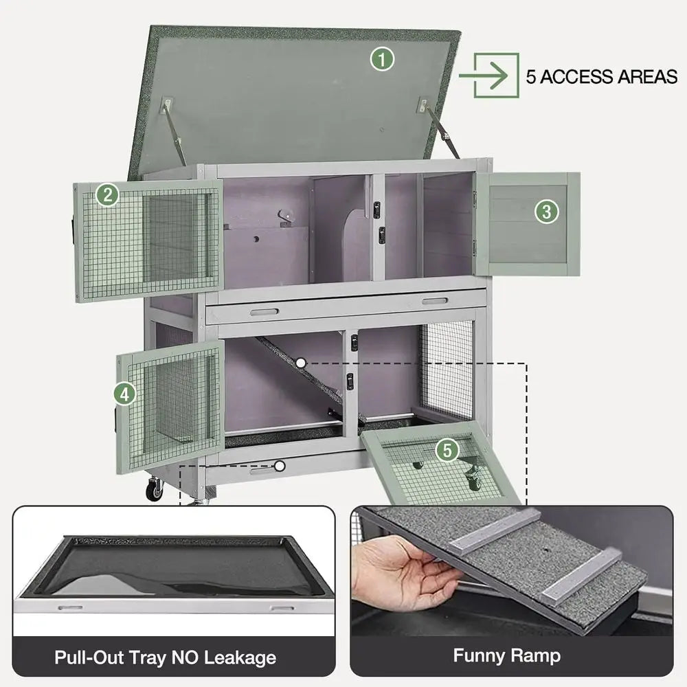 Indoor Rabbit Hutch with 4 Wheels, 2 Shelves & 2 Tray