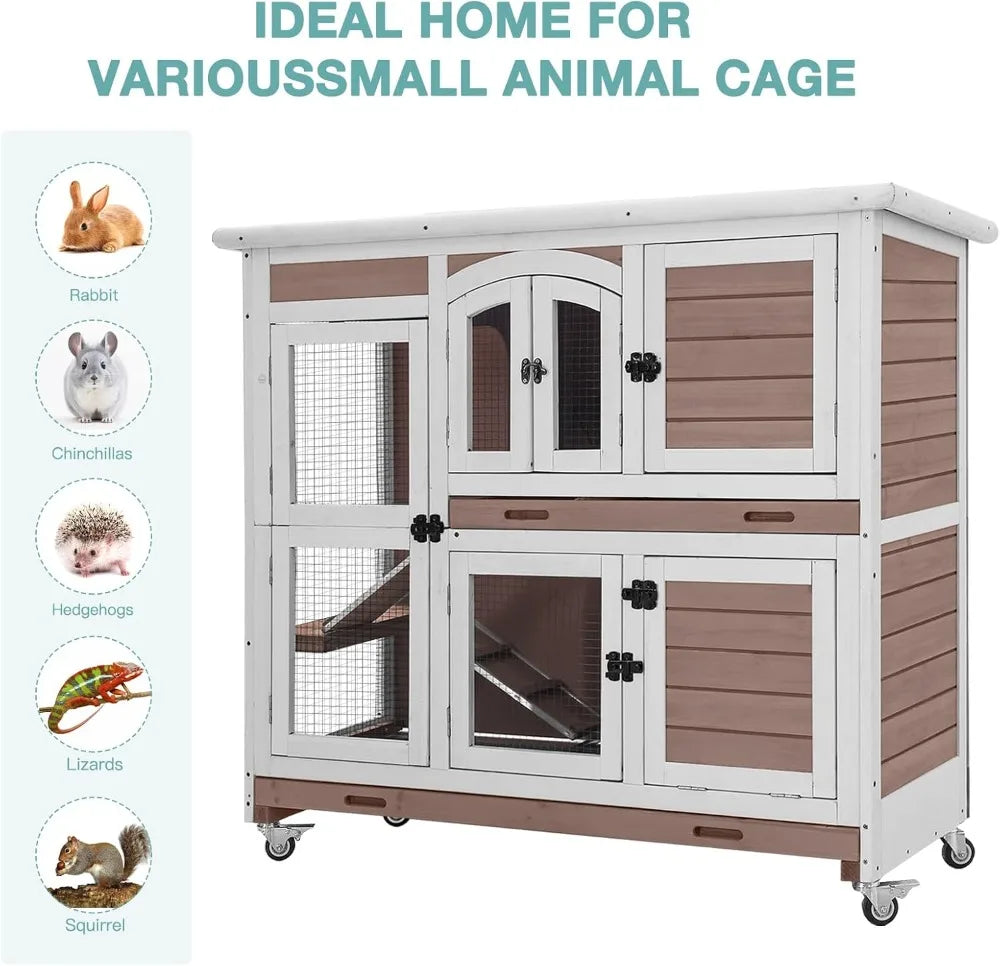 Rabbit Hutch with Sliding Plastic Trays, Wheels & Ramp, Multi-Door Wooden Small Animal Cage