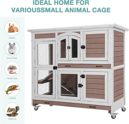 Rabbit Hutch with Sliding Plastic Trays, Wheels & Ramp, Multi-Door Wooden Small Animal Cage