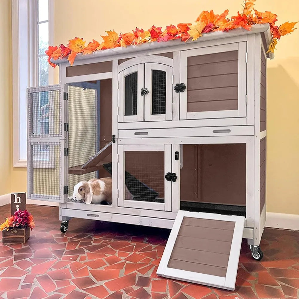 Rabbit Hutch with Sliding Plastic Trays, Wheels & Ramp, Multi-Door Wooden Small Animal Cage