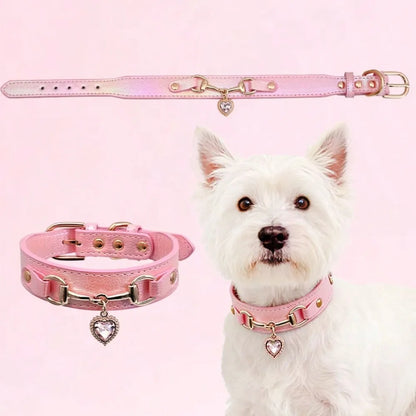Bougie Leather Dog Collar With Heart-Shaped Crystal Pendant,  For Small Dogs, Cats