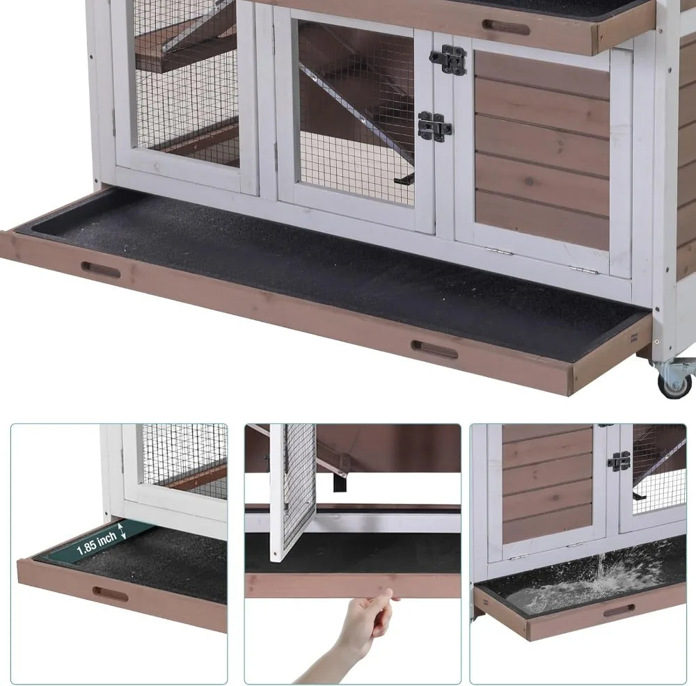 Rabbit Hutch with Sliding Plastic Trays, Wheels & Ramp, Multi-Door Wooden Small Animal Cage