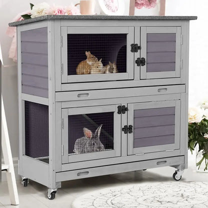 Indoor Rabbit Hutch with 4 Wheels, 2 Shelves & 2 Tray