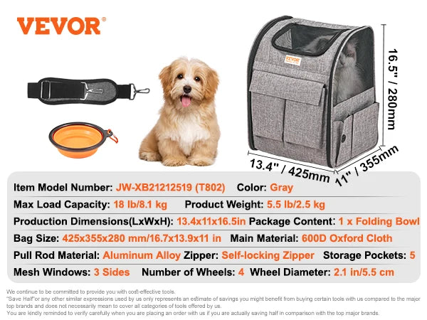 Pet Carrier Backpack with Telescopic Handle Wheels and Shoulder Strap for Travel Trip