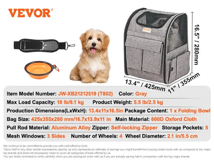 Pet Carrier Backpack with Telescopic Handle Wheels and Shoulder Strap for Travel Trip