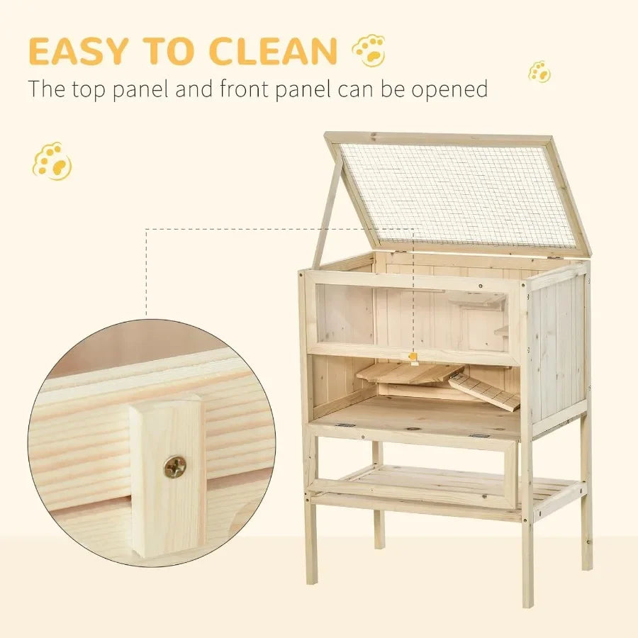 3-Tier Wooden Small Animals Hutch with Openable Top Front Door Storage Shelf Natural Wood