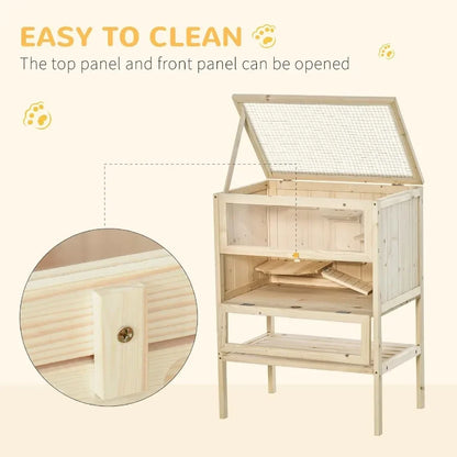3-Tier Wooden Small Animals Hutch with Openable Top Front Door Storage Shelf Natural Wood
