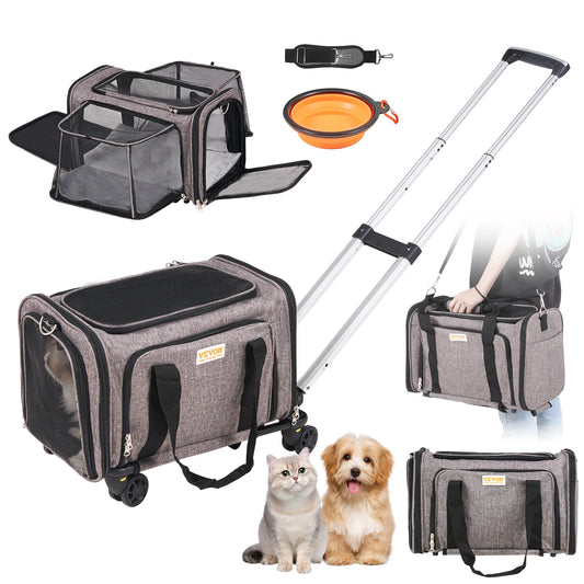 Pet Carrier Backpack with Telescopic Handle Wheels and Shoulder Strap for Travel Trip