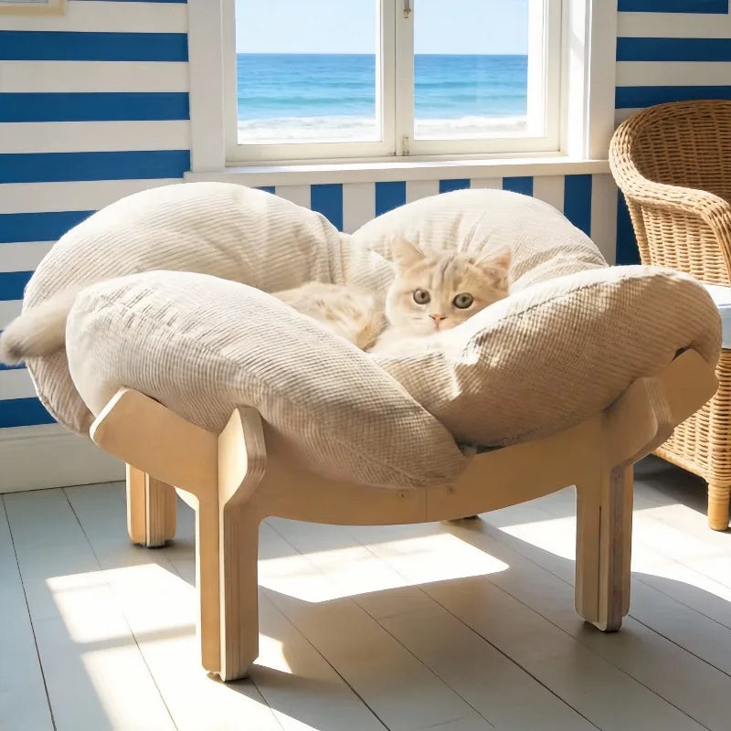Wooden High Leg Cat Bed with Soft Cushion