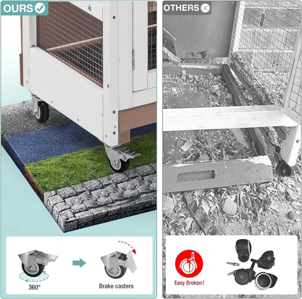 Rabbit Hutch with Sliding Plastic Trays, Wheels & Ramp, Multi-Door Wooden Small Animal Cage