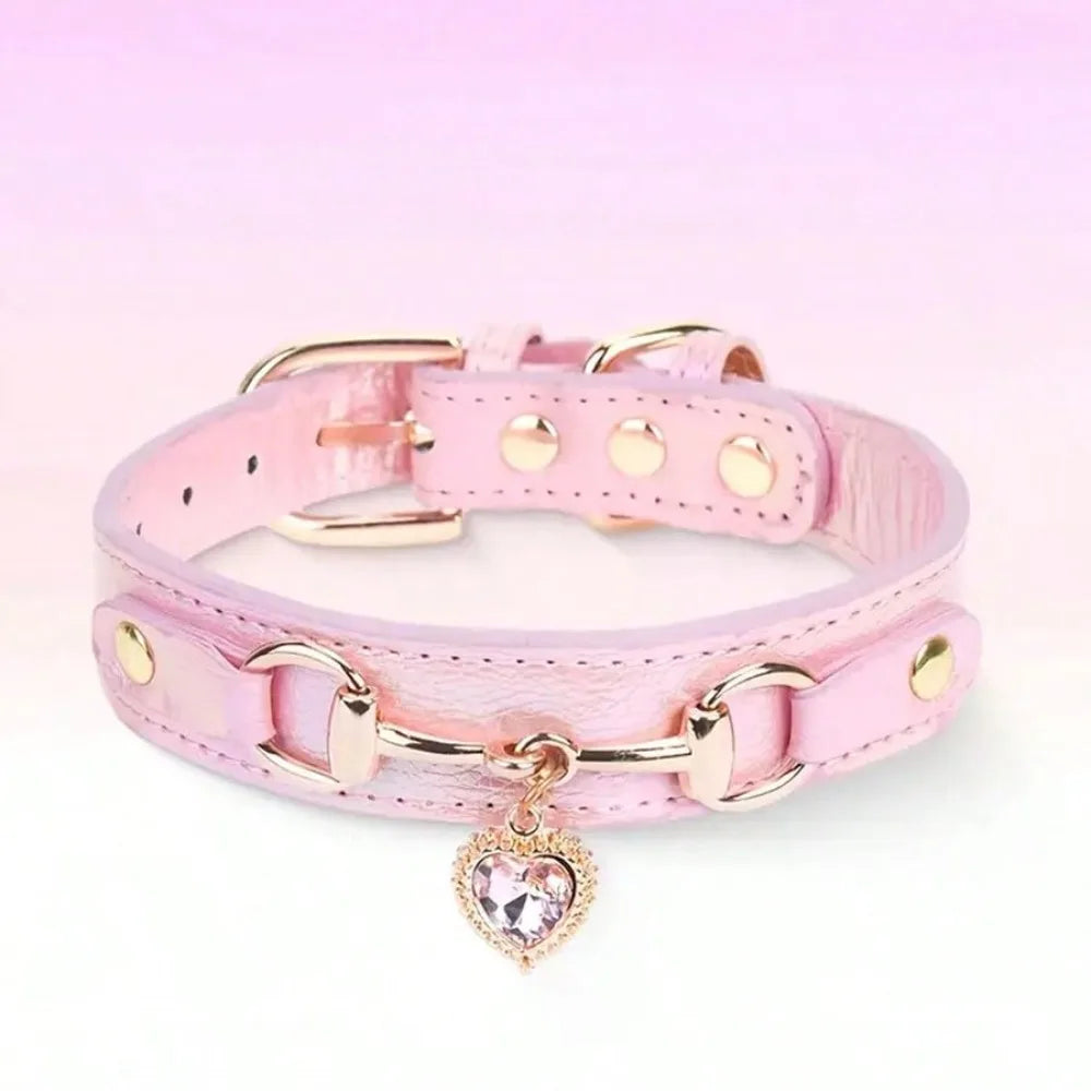 Bougie Leather Dog Collar With Heart-Shaped Crystal Pendant,  For Small Dogs, Cats